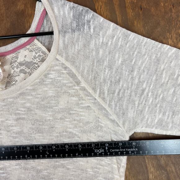 Self Esteem Womens Blouse Beige 3/4 Sleeve Knit Lace Open Back Sheer Linen XL - Picture 7 of 11